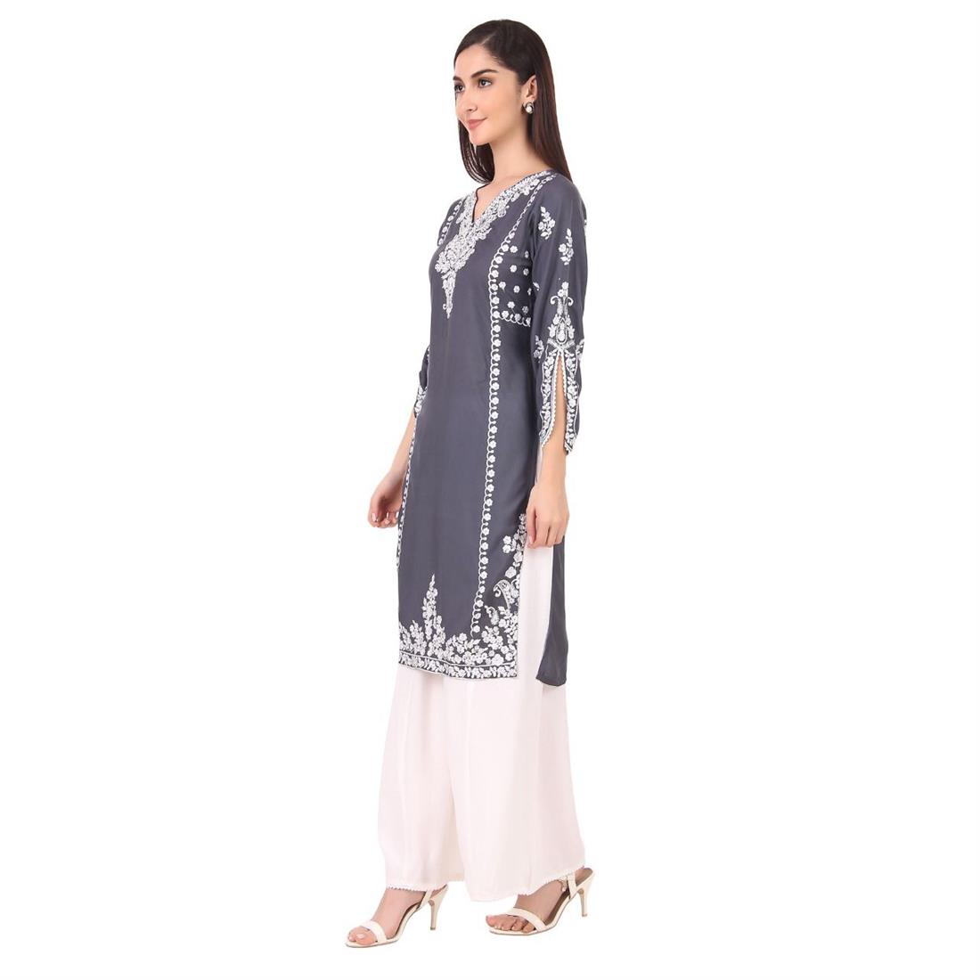 Steel Grey Chiffon Palazzo Cotton Linen Kameez with Thread Embroidery