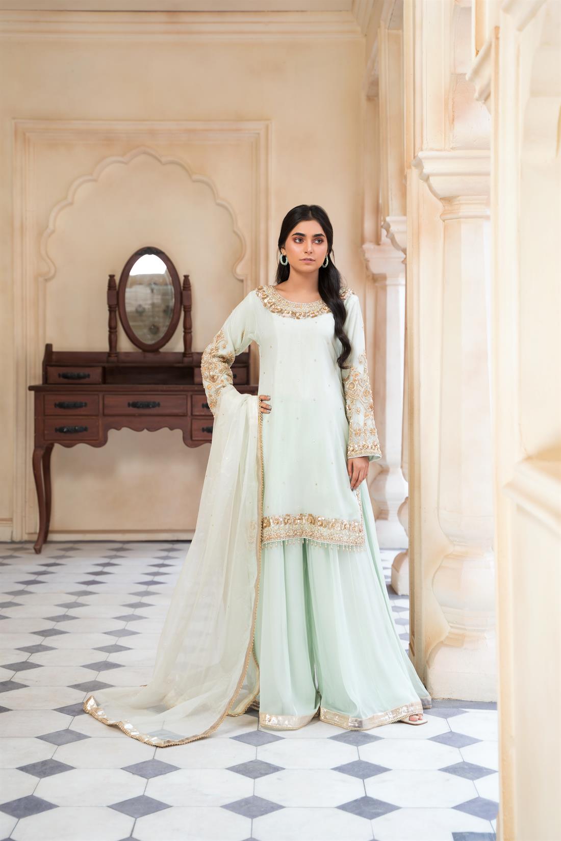 Mint Embroidered Chiffon Sharara Ladies Readymade