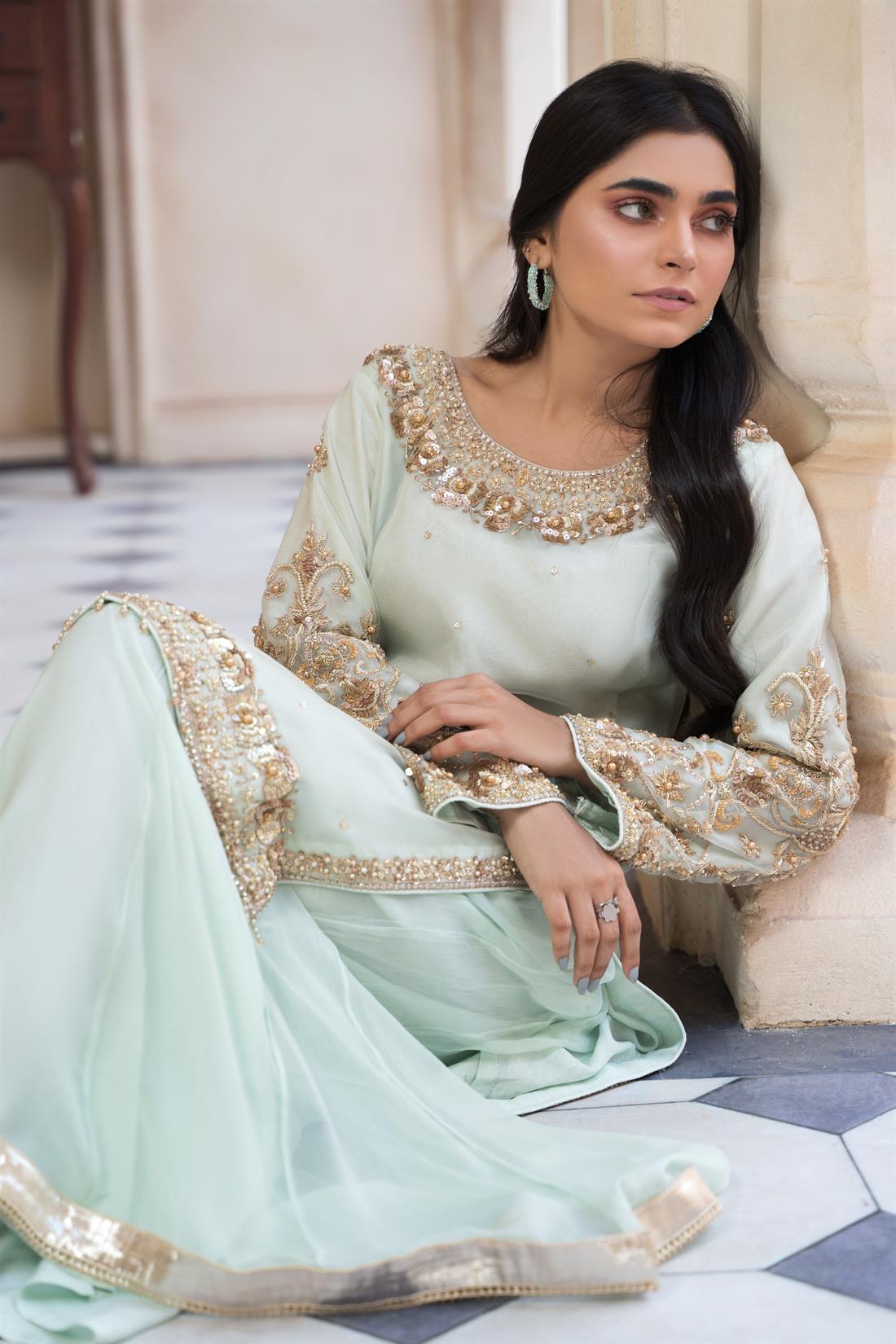 Mint Embroidered Chiffon Sharara Ladies Readymade