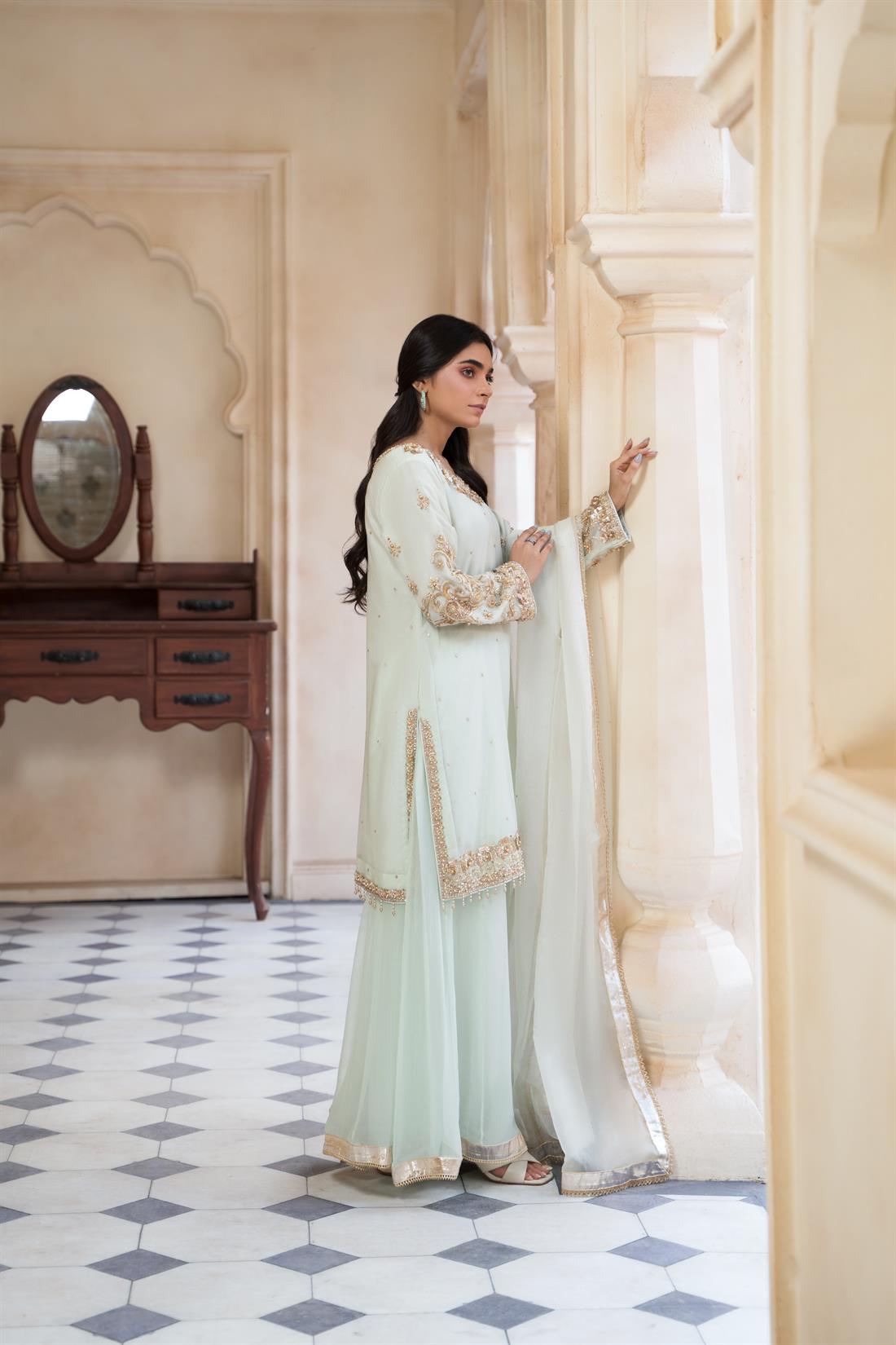 Mint Embroidered Chiffon Sharara Ladies Readymade