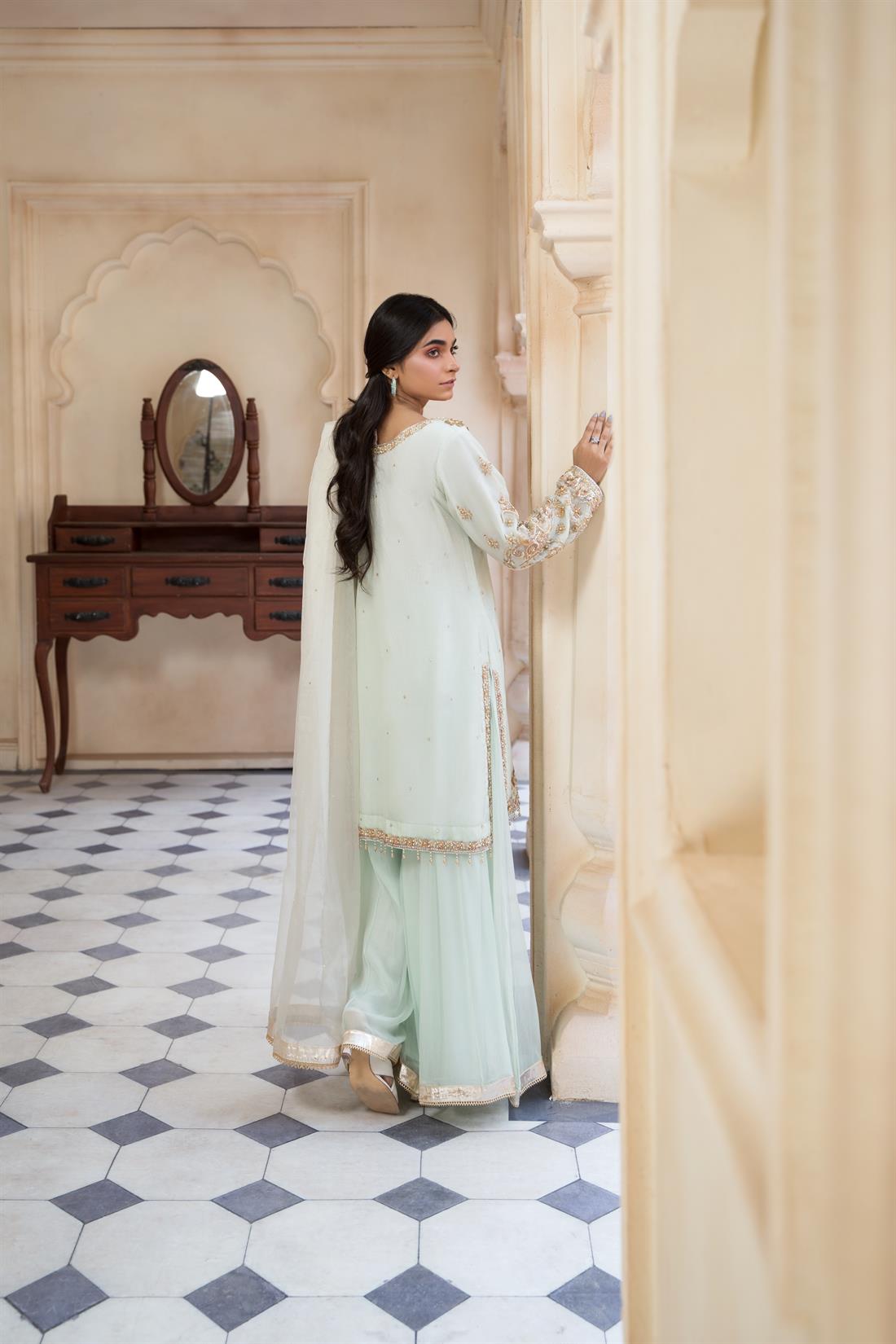 Mint Embroidered Chiffon Sharara Ladies Readymade