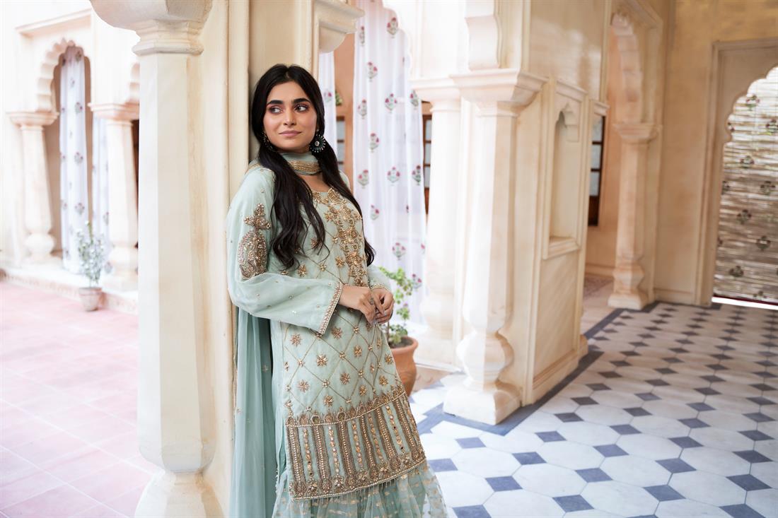 Mint Stone Work Gharara Pakistani Designer Chiffon & Organza 3 Piece Suit
