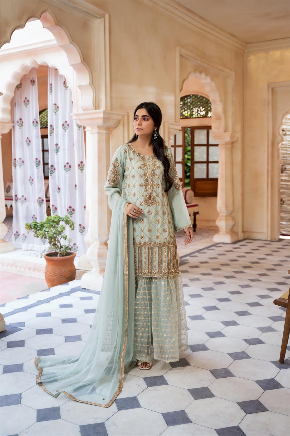 Mint Stone Work Gharara Pakistani Designer Chiffon & Organza 3 Piece Suit