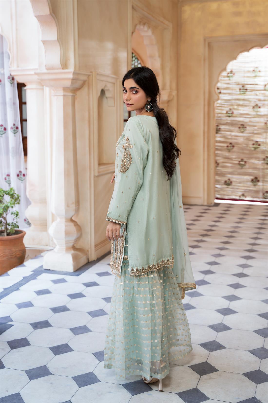 Mint Stone Work Gharara Pakistani Designer Chiffon & Organza 3 Piece Suit
