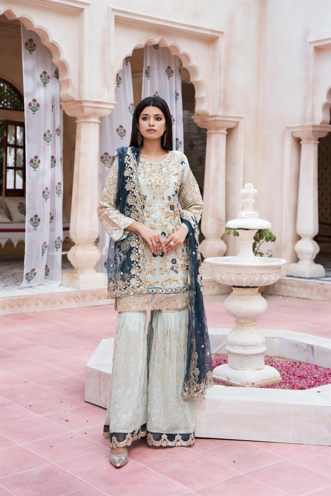 Mint Stone Work Gharara Dusty Pink Pakistani Designer Chiffon 3 Piece Suit