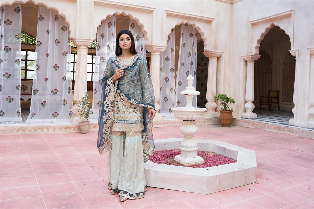 Mint Stone Work Gharara Dusty Pink Pakistani Designer Chiffon 3 Piece Suit