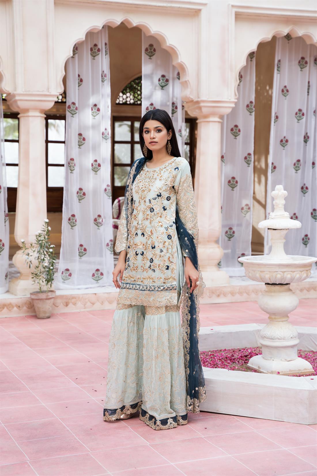 Mint Stone Work Gharara Dusty Pink Pakistani Designer Chiffon 3 Piece Suit