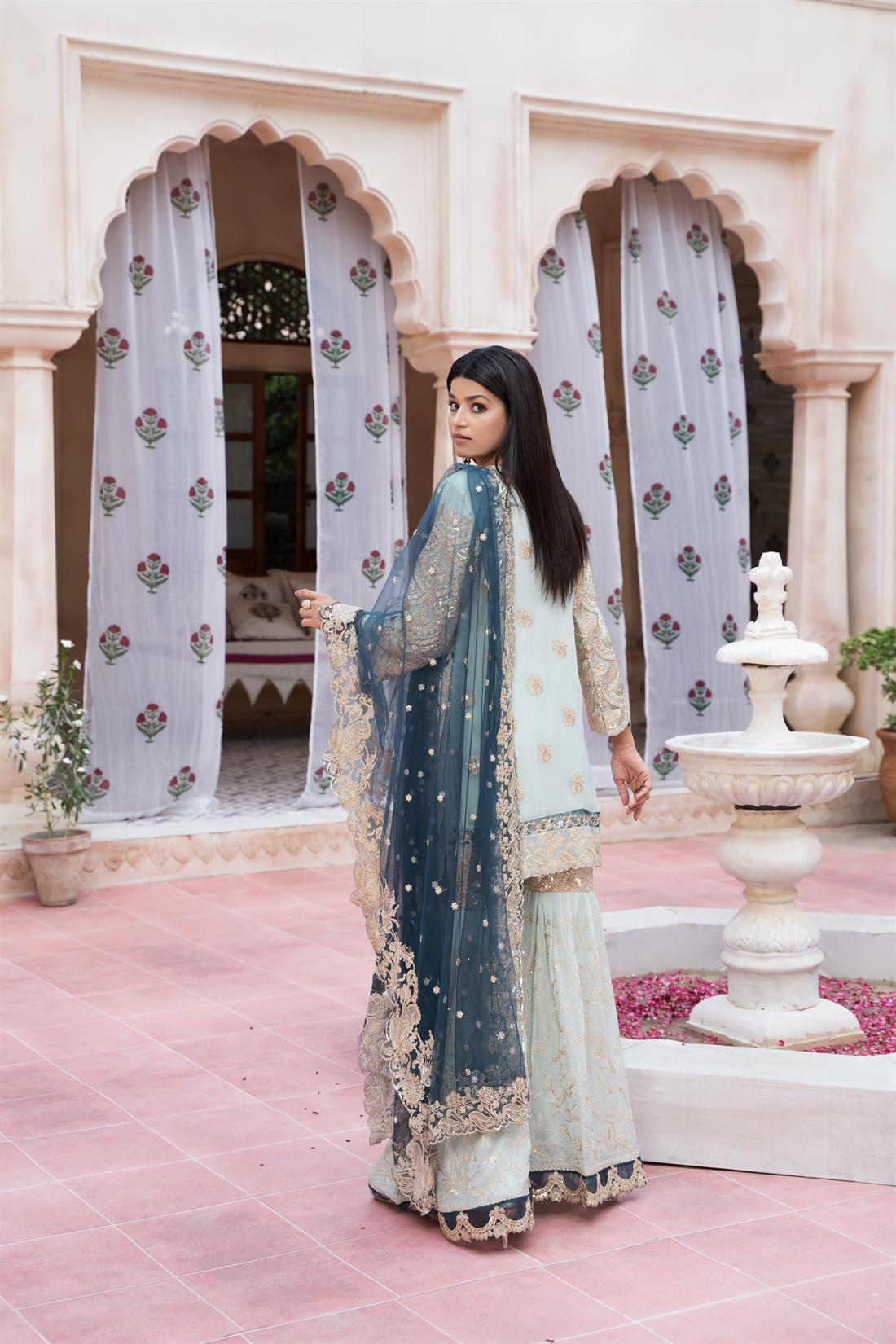 Mint Stone Work Gharara Dusty Pink Pakistani Designer Chiffon 3 Piece Suit