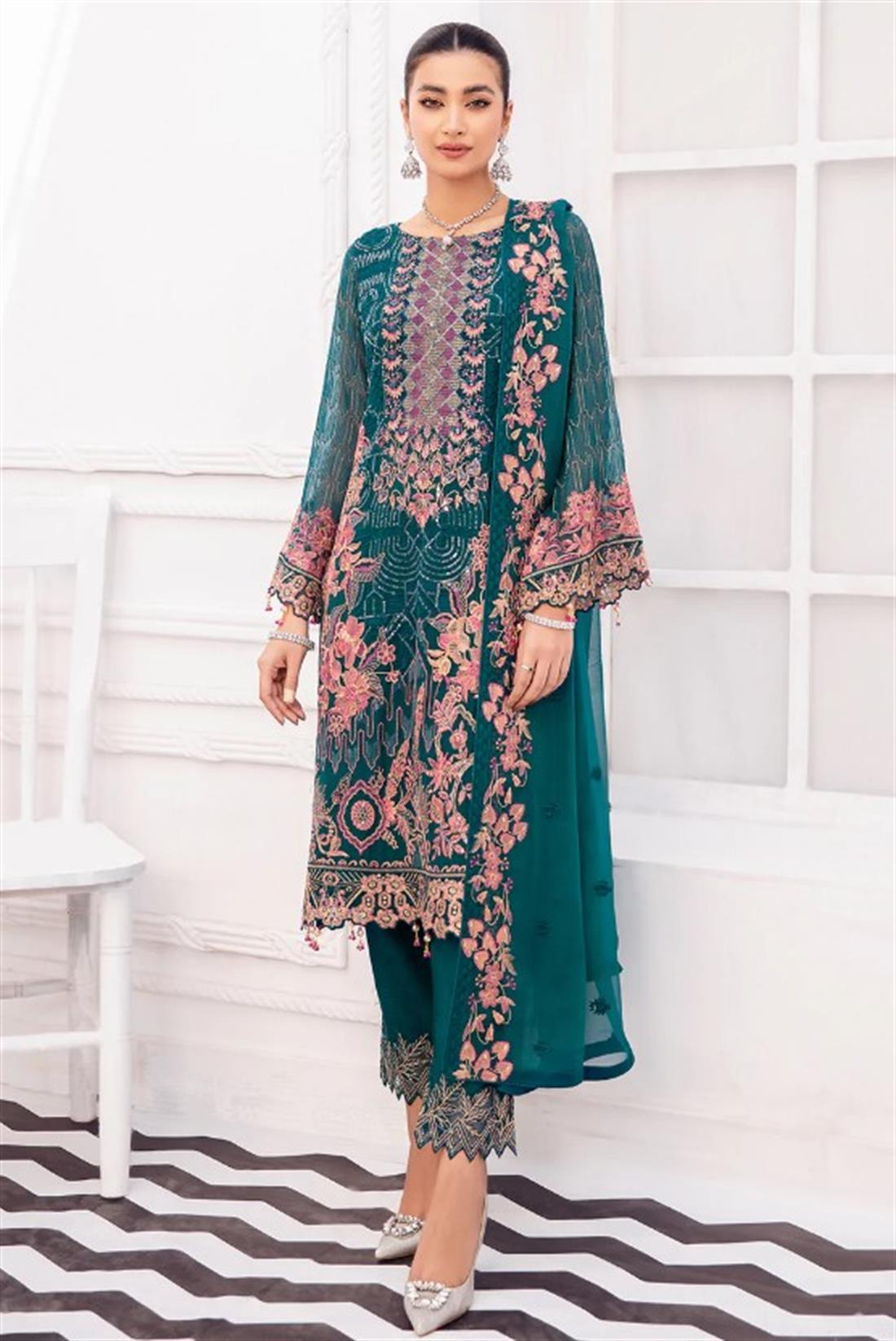 Teal Sequinned Ramsha Stitched Luxury Chiffon Suit