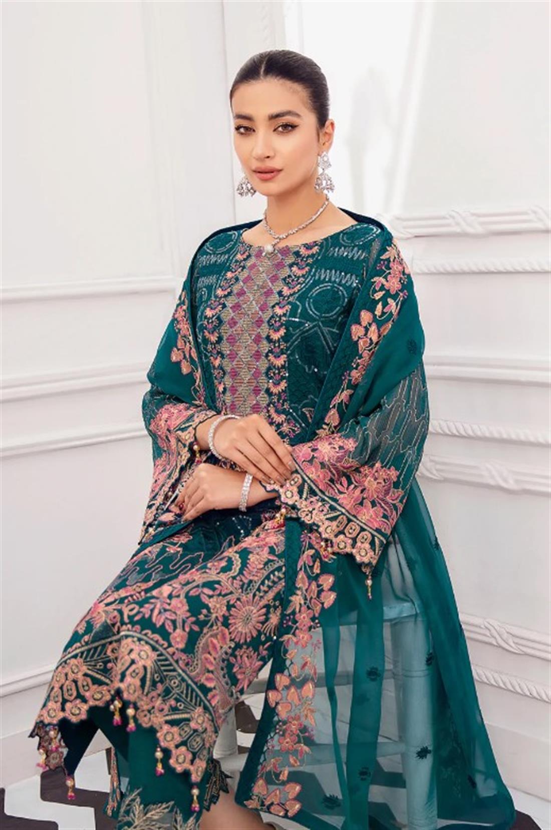 Teal Sequinned Ramsha Stitched Luxury Chiffon Suit