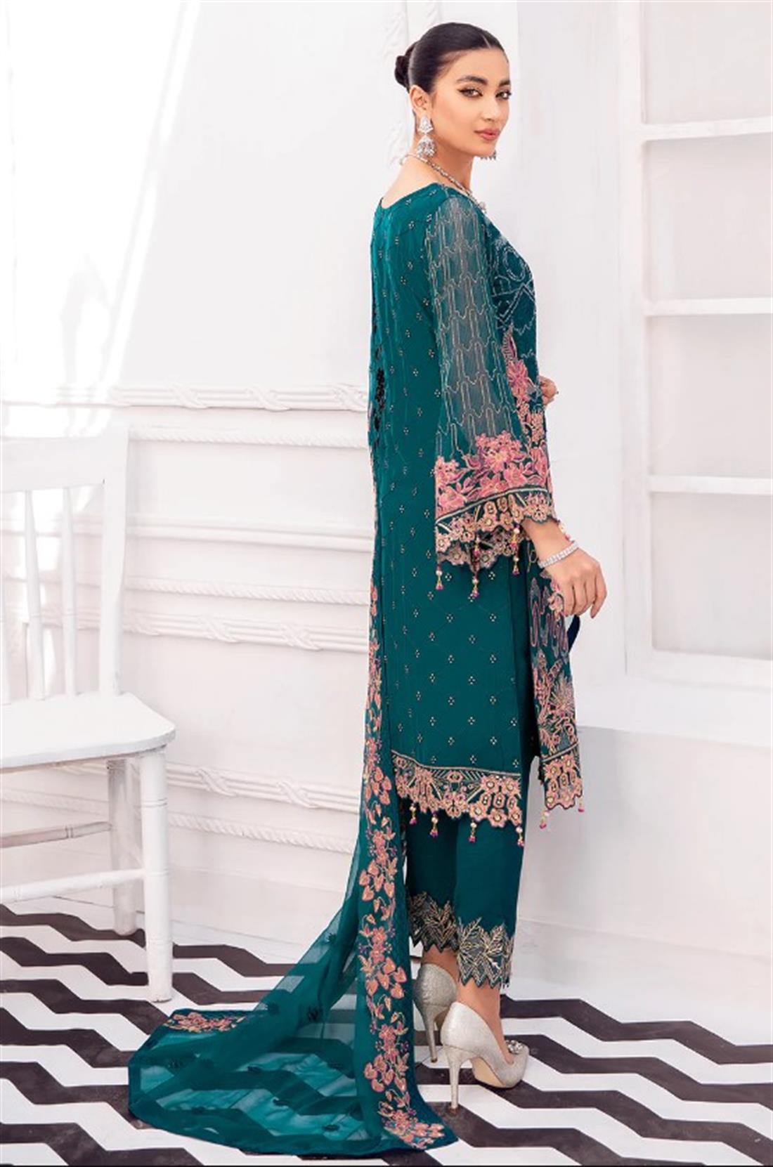 Teal Sequinned Ramsha Stitched Luxury Chiffon Suit
