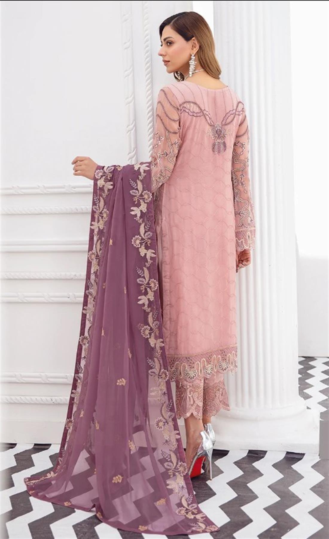 Pink & Plum Sequinned Chiffon Ladies Readymade