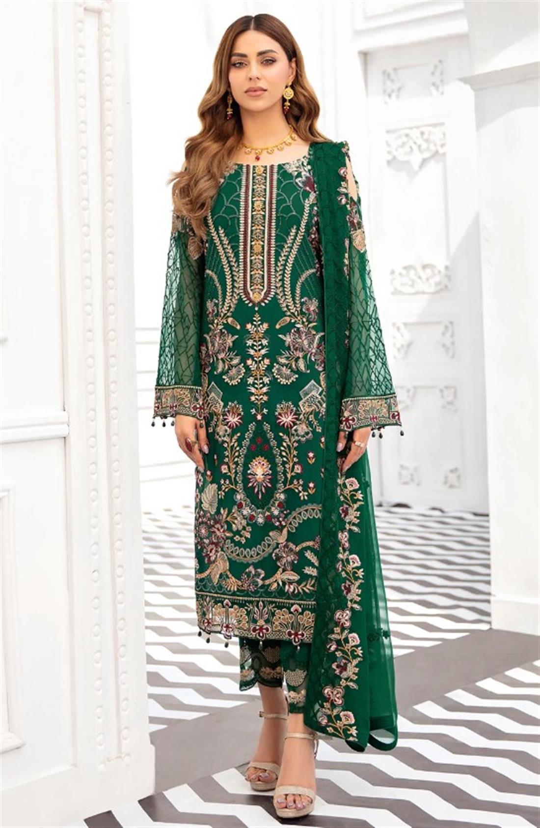Bottle Green Sequinned Ramsha Stitched Luxury Chiffon Suit