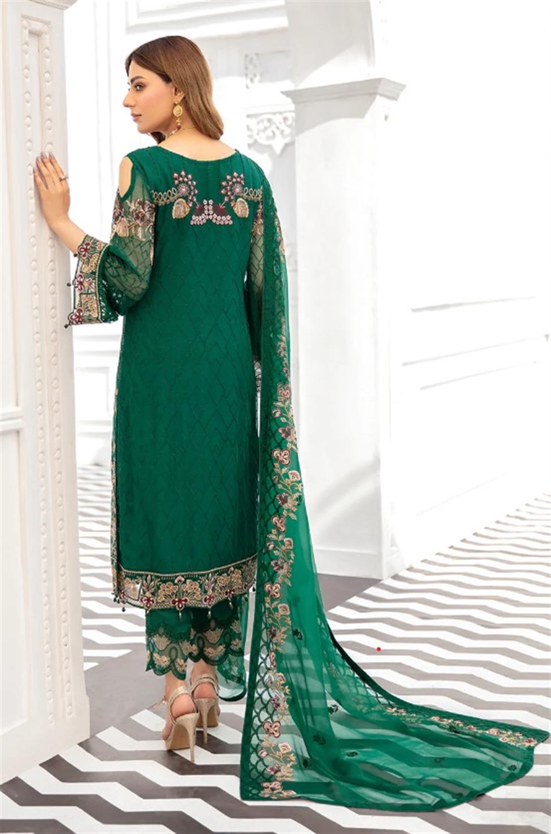 Bottle Green Sequinned Ramsha Stitched Luxury Chiffon Suit