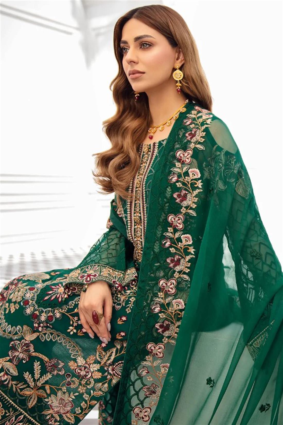 Bottle Green Sequinned Ramsha Stitched Luxury Chiffon Suit