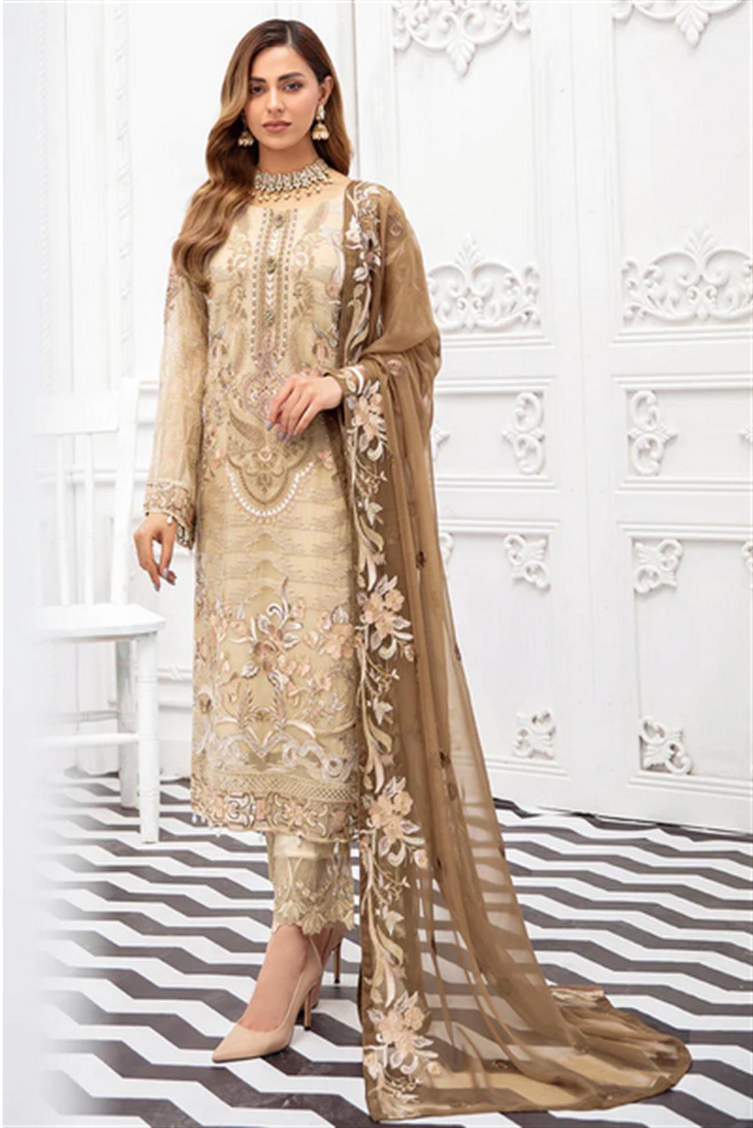 Beige Sequinned Chiffon Ladies Readymade