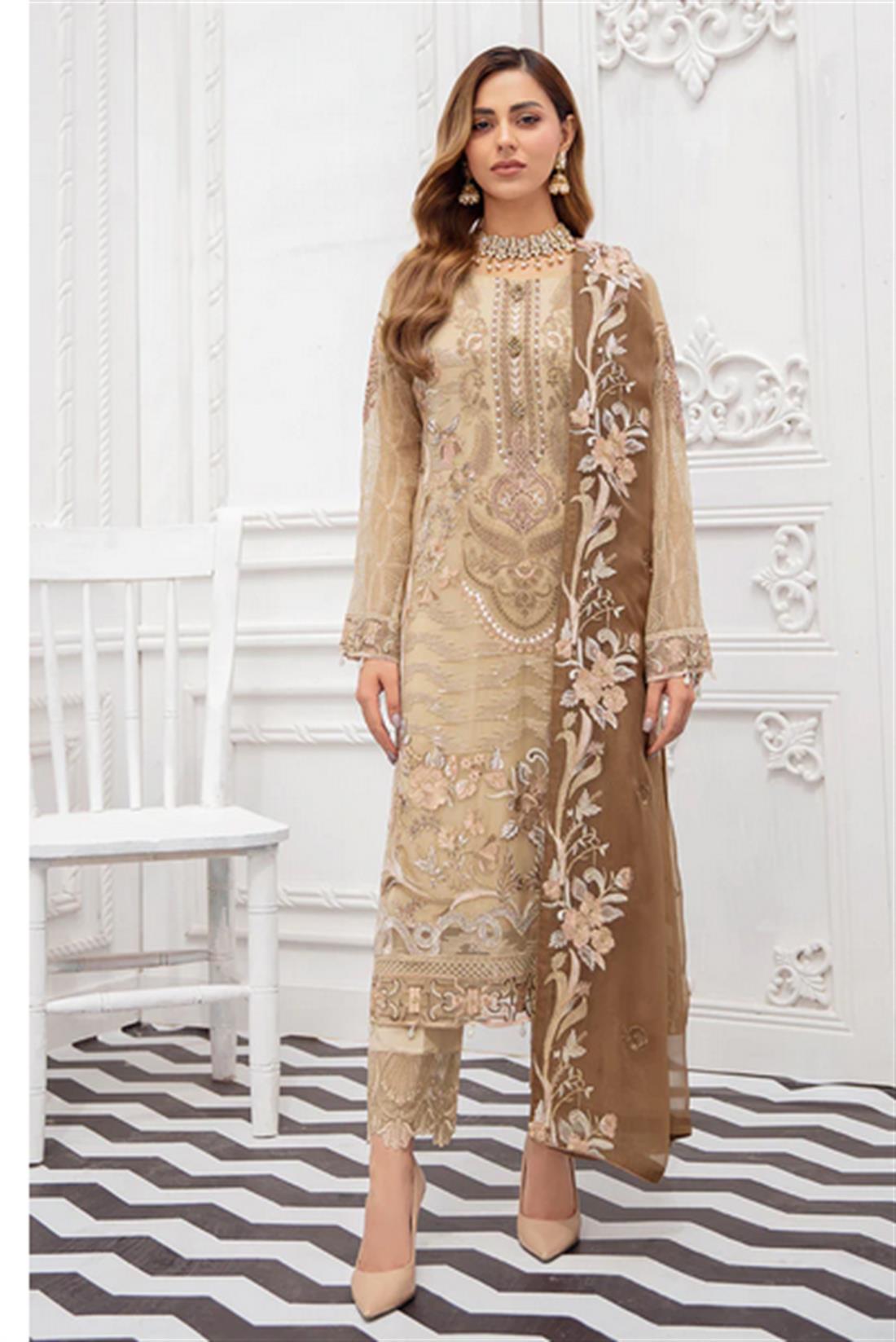 Beige Sequinned Chiffon Ladies Readymade