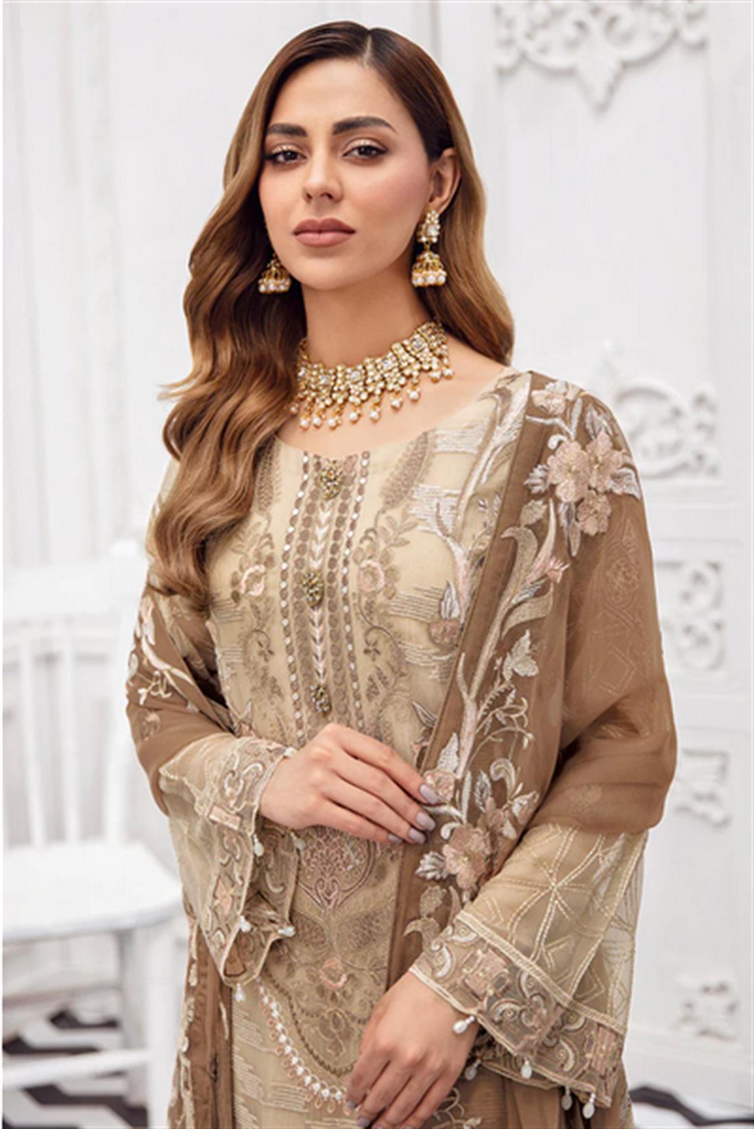 Beige Sequinned Chiffon Ladies Readymade