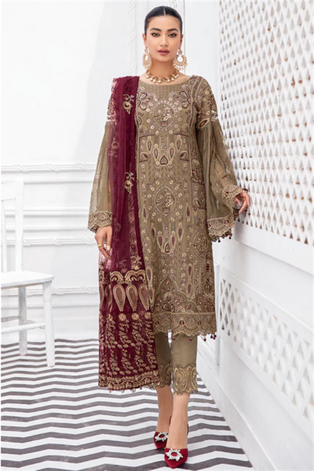 Khakhi Sequinned Chiffon Ladies Readymade