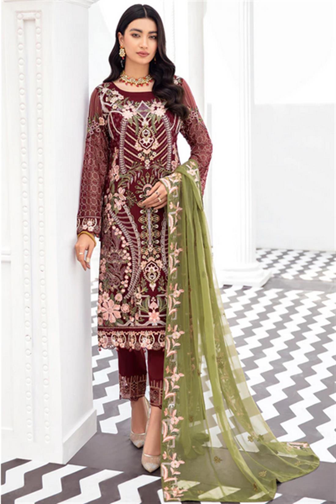 Maroon & Olive Green Sequinned Rangoon by Ramsha Stitched Luxury Chiffon Suit