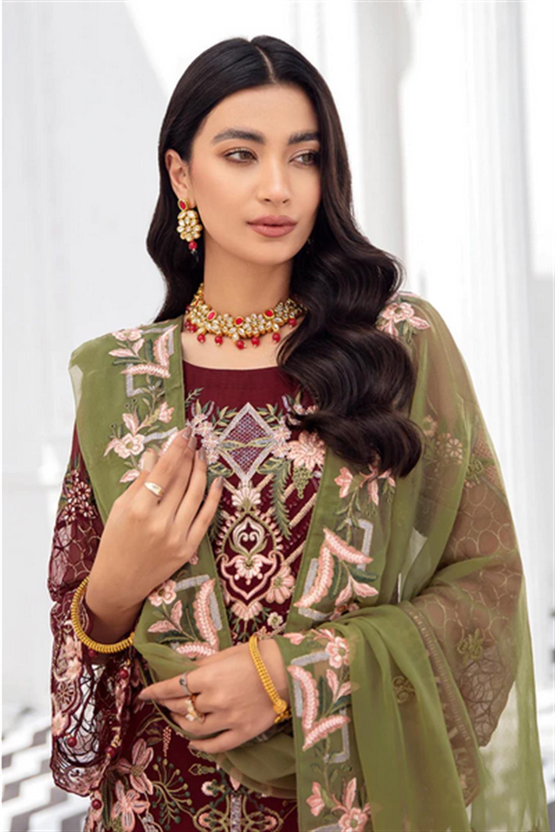Maroon & Olive Green Sequinned Rangoon by Ramsha Stitched Luxury Chiffon Suit
