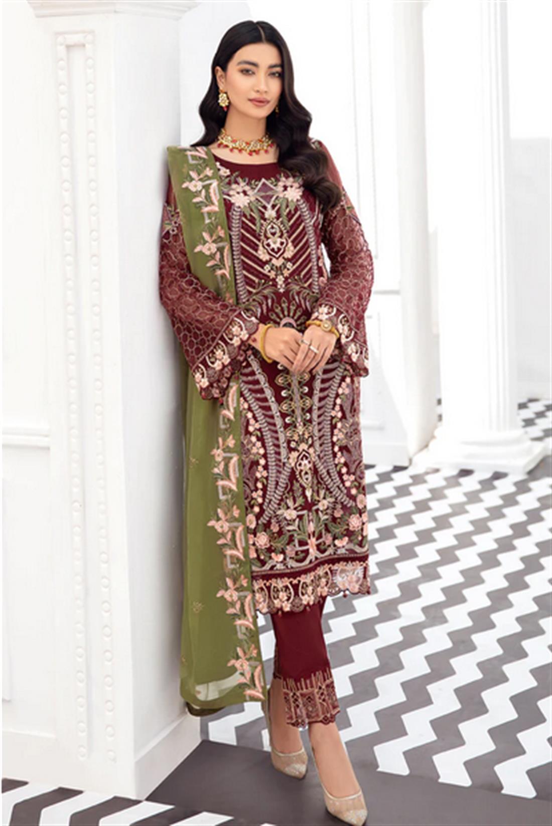 Maroon & Olive Green Sequinned Rangoon by Ramsha Stitched Luxury Chiffon Suit