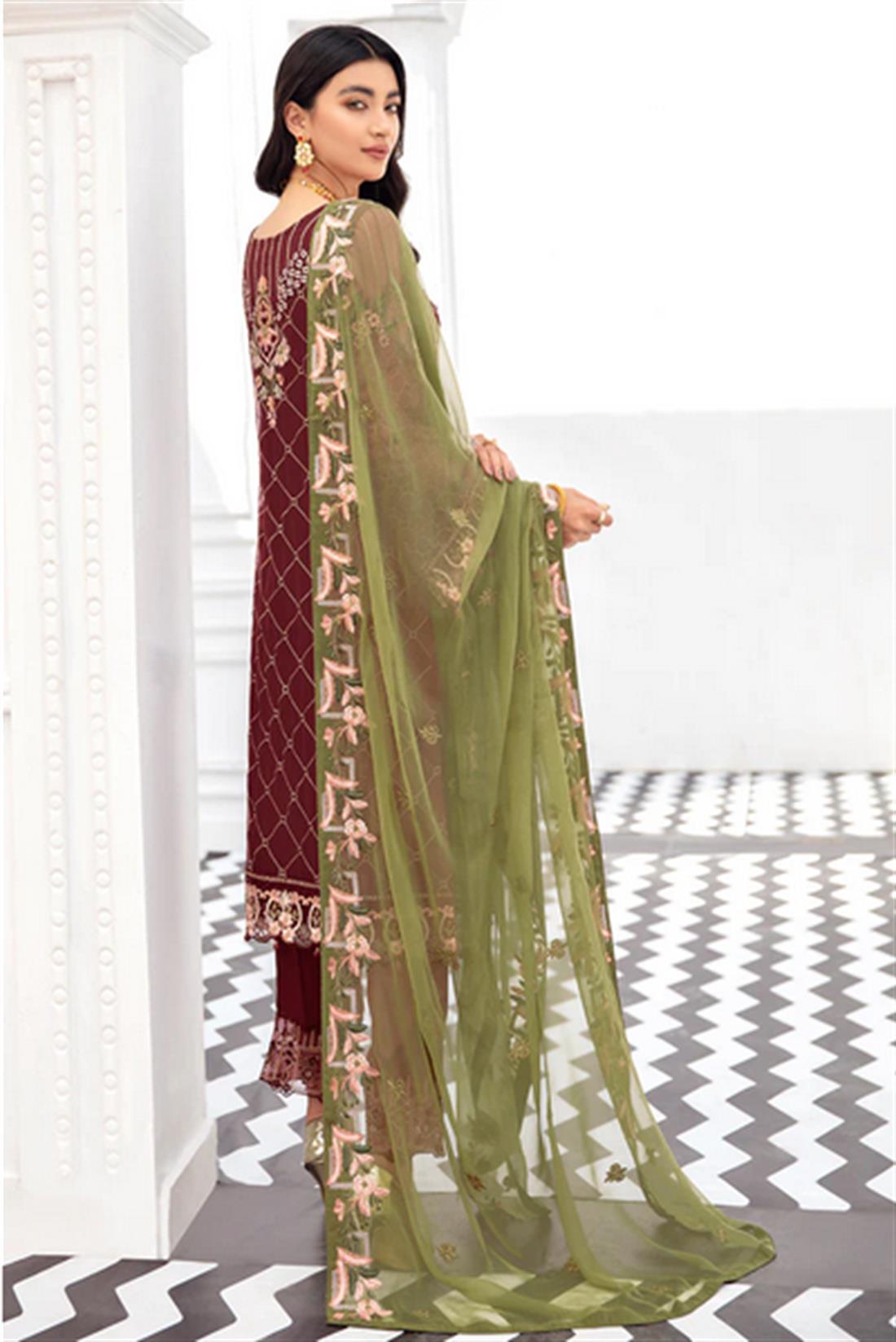 Maroon & Olive Green Sequinned Rangoon by Ramsha Stitched Luxury Chiffon Suit