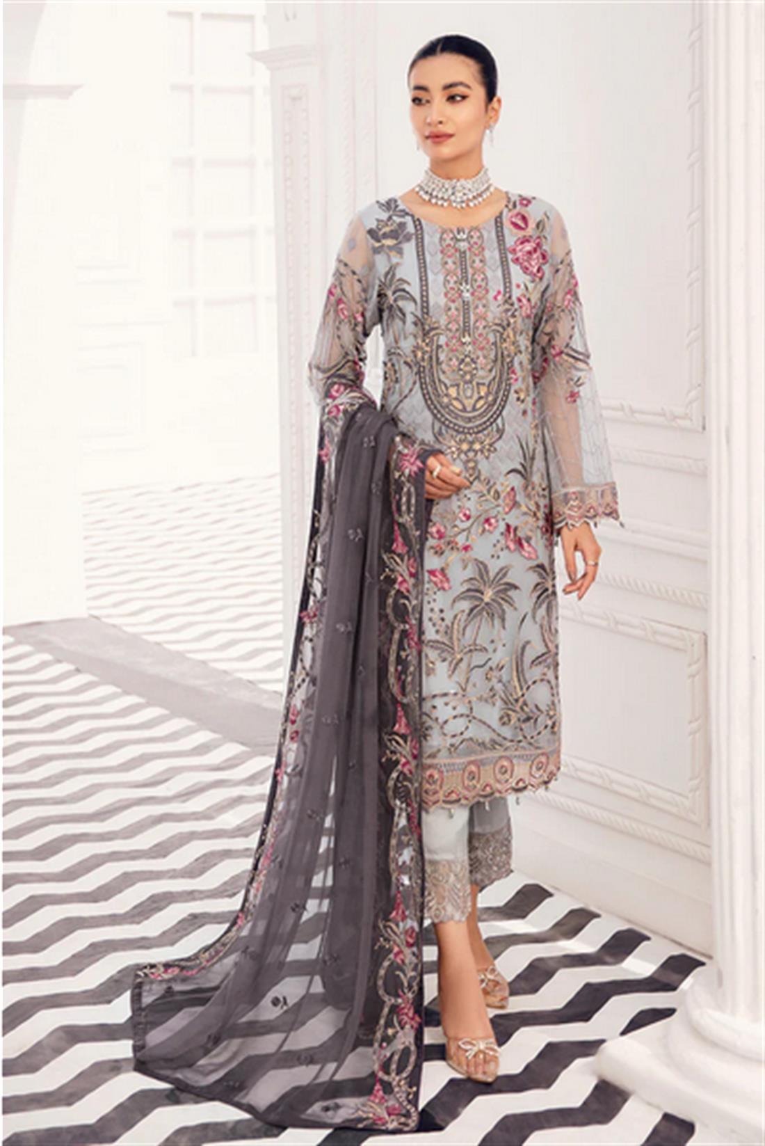 Grey Sequinned Ramsha Stitched Luxury Chiffon Suit