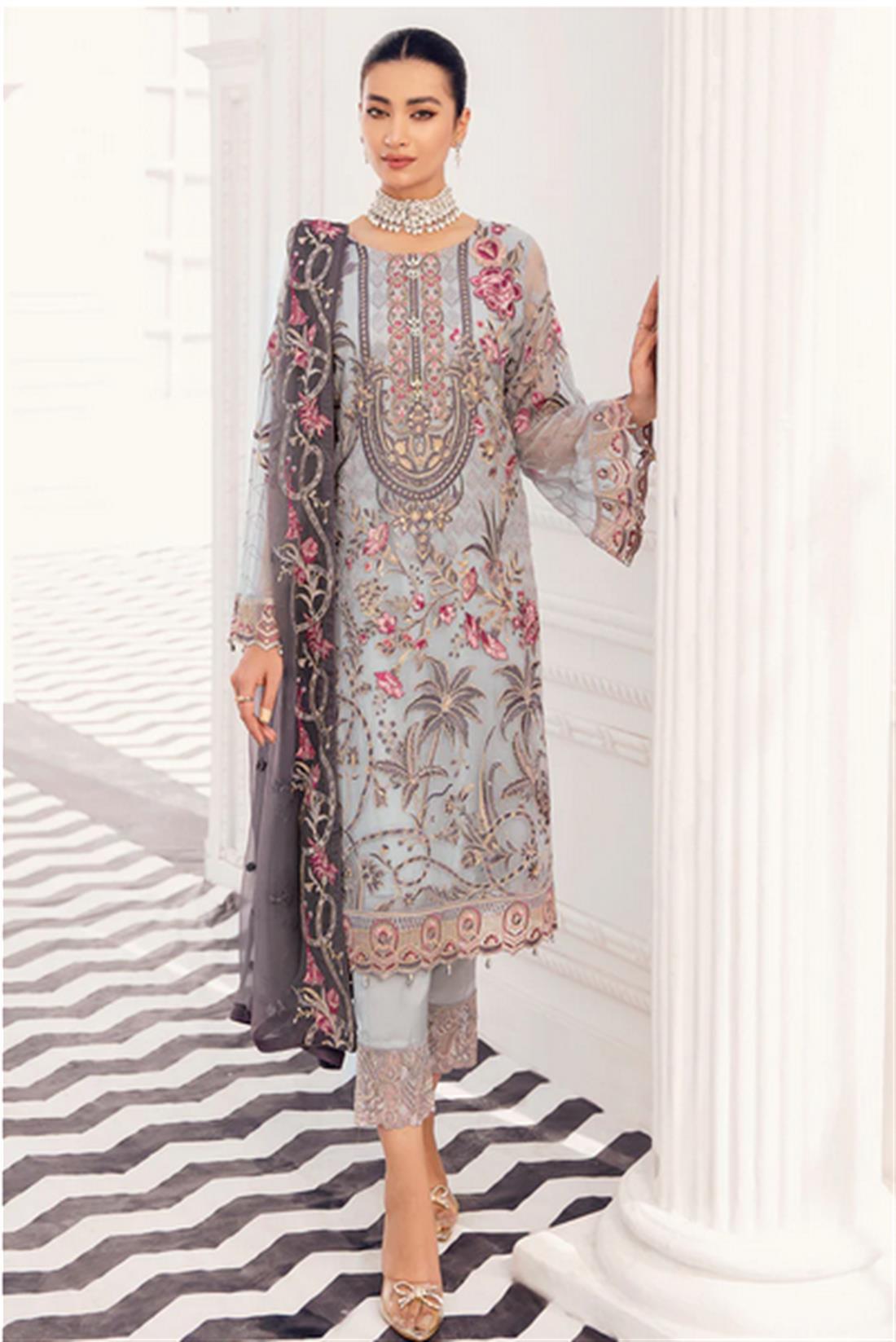 Grey Sequinned Ramsha Stitched Luxury Chiffon Suit