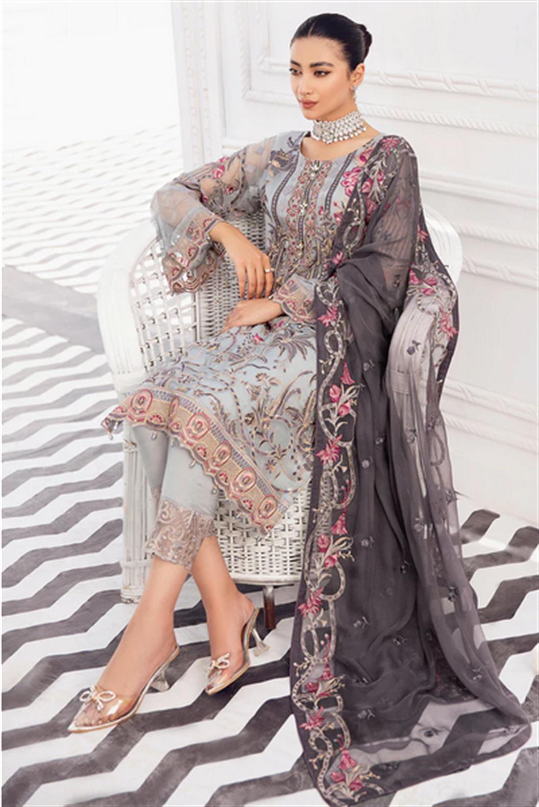 Grey Sequinned Ramsha Stitched Luxury Chiffon Suit