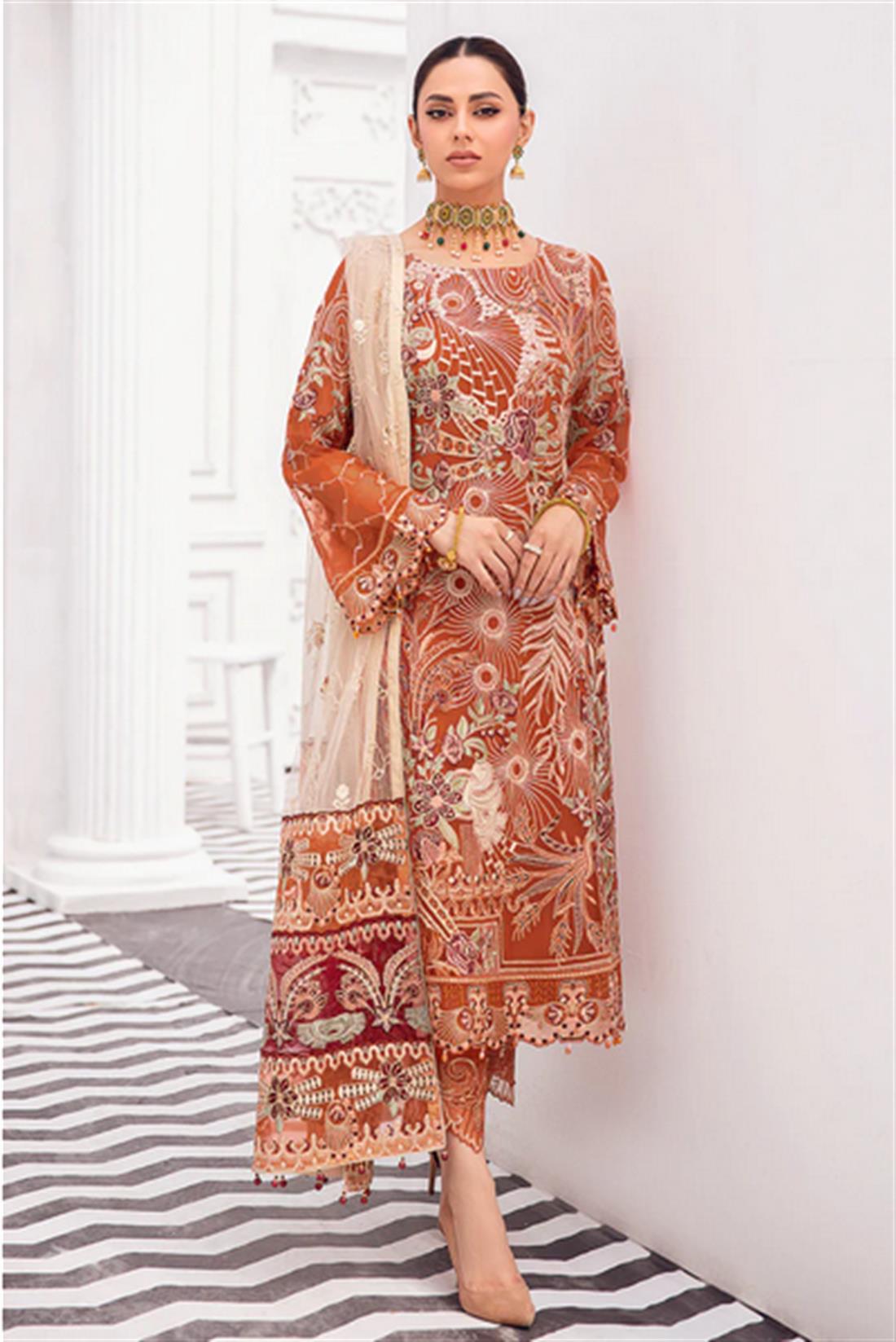 Terracotta Orange Sequinned Chiffon Ladies Readymade