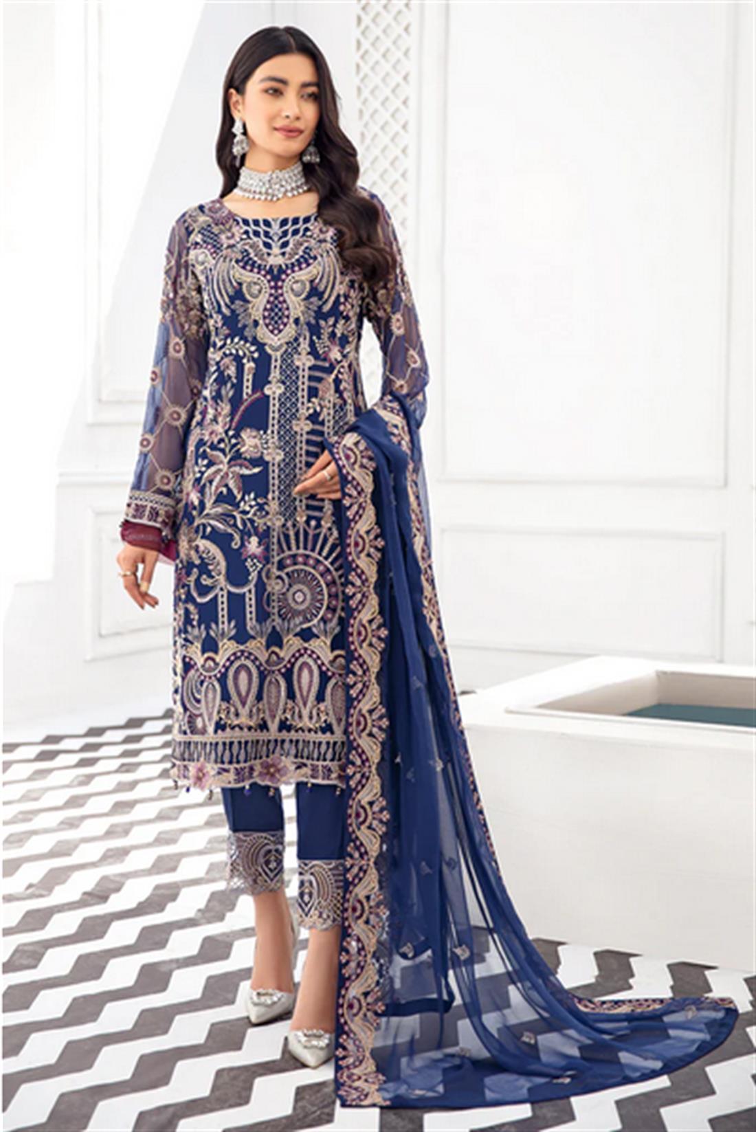Navy Blue Sequinned Chiffon Ladies Readymade