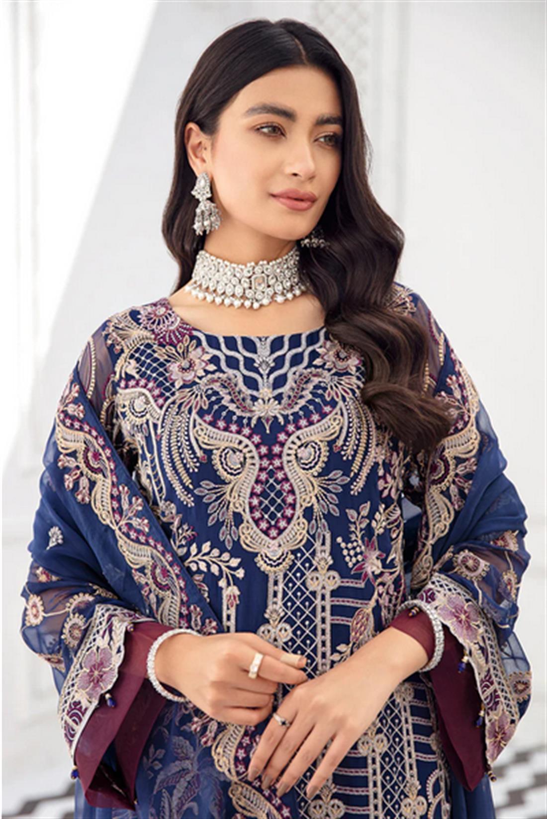 Navy Blue Sequinned Chiffon Ladies Readymade