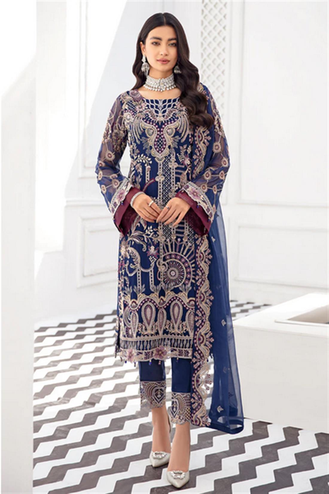Navy Blue Sequinned Chiffon Ladies Readymade