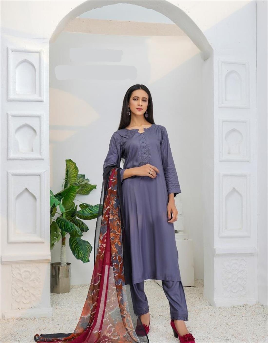 Steel Grey Linen Shirt with Digital Printed Dupatta and Trouser