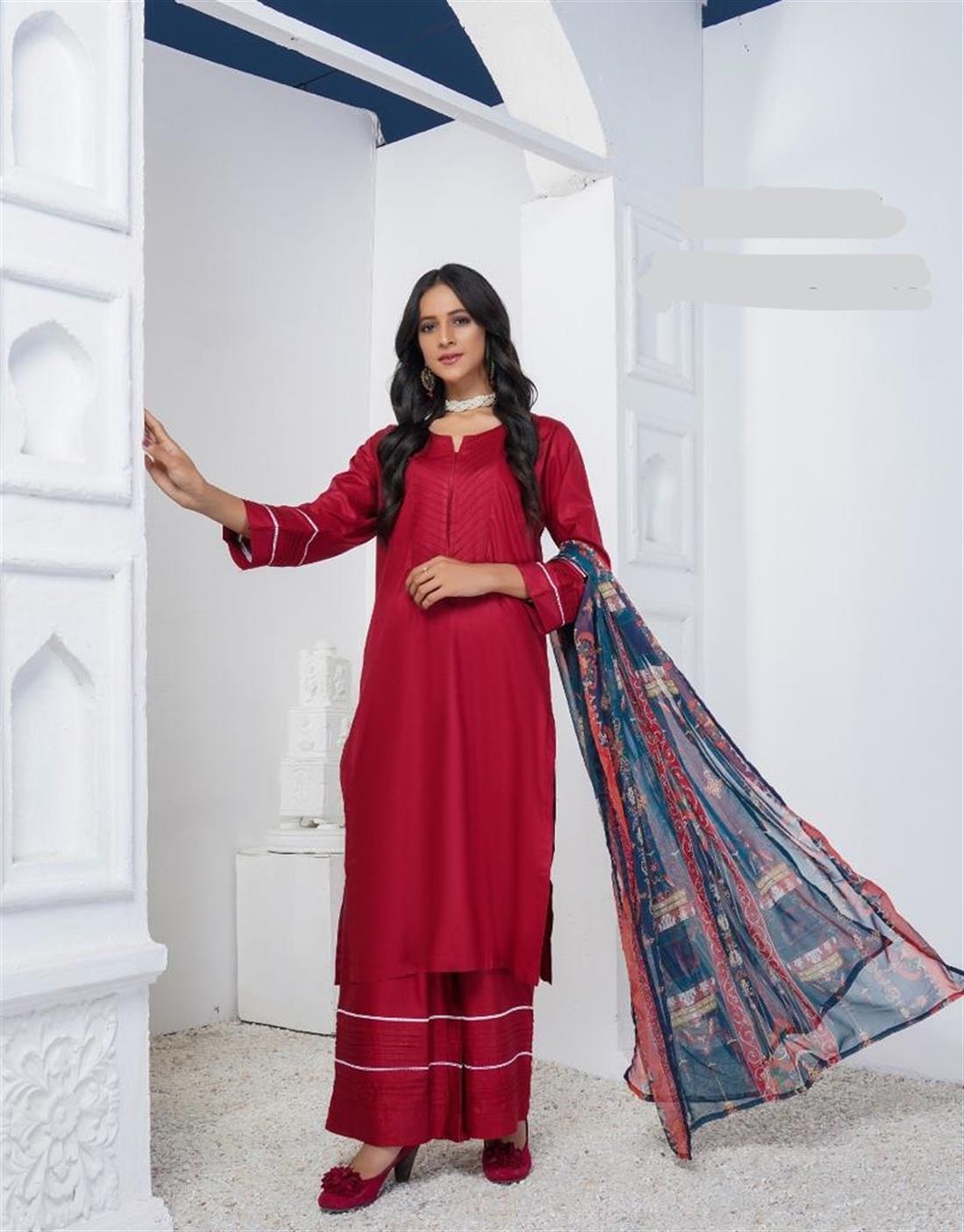 Maroon Digital Print Linen Kameez with Printed Dupatta and Palazzo