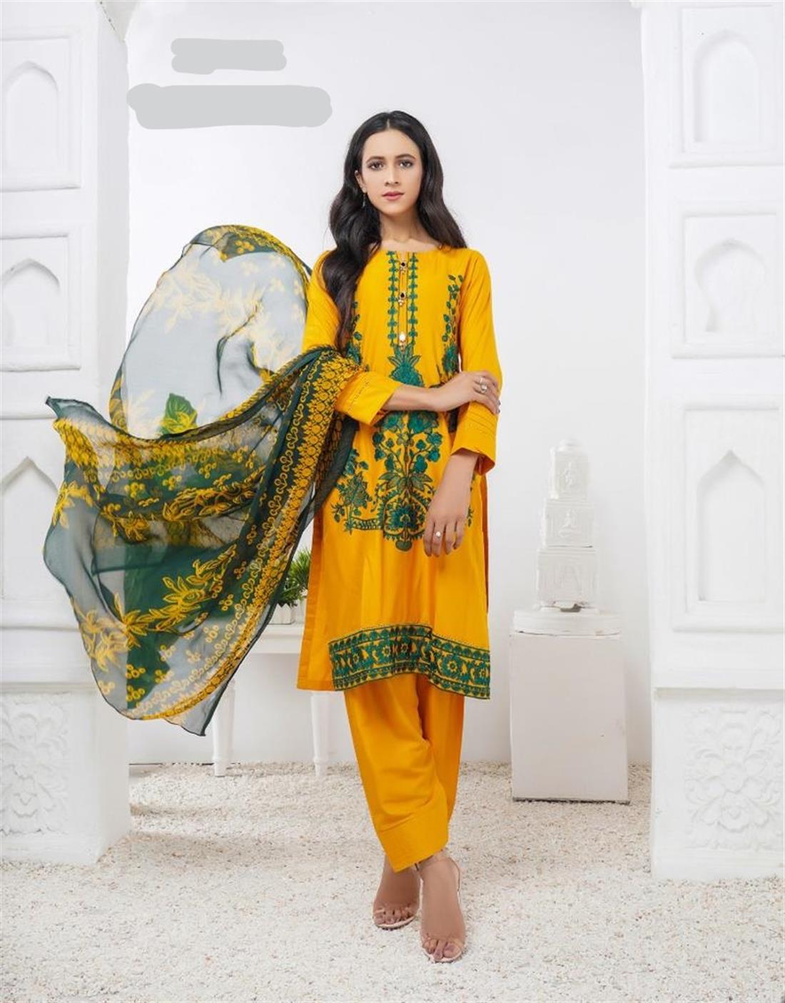 Mustard Digital Print Linen Salwar Suit with Chiffon Dupatta