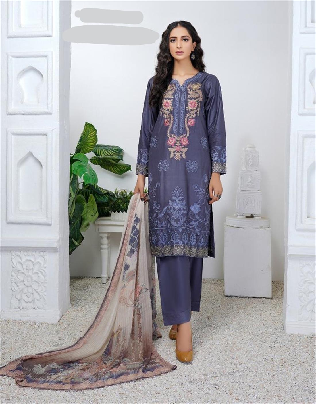 Steel Grey Digital Print Gery Linen Salwar Suit with Chiffon Dupatta