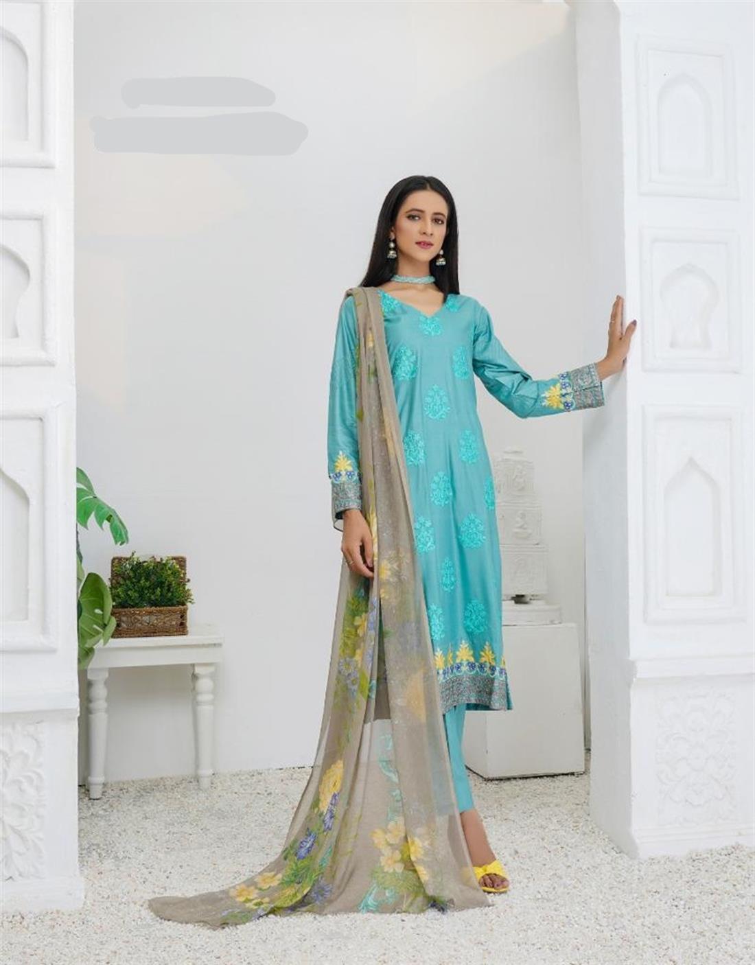 Aqua Blue Digital Print Linen Salwar Suit with Chiffon Dupatta