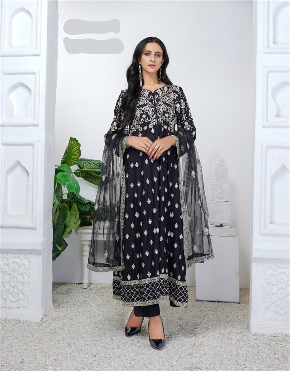 Black Linen Kameez with Net Dupatta and Trouser