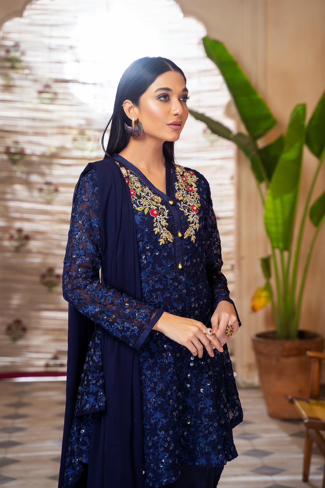 Navy Blue Peplum Mint Chiffon Zari Embroidery Stitched Suit