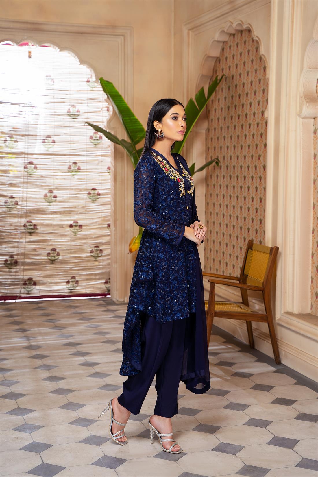 Navy Blue Peplum Mint Chiffon Zari Embroidery Stitched Suit
