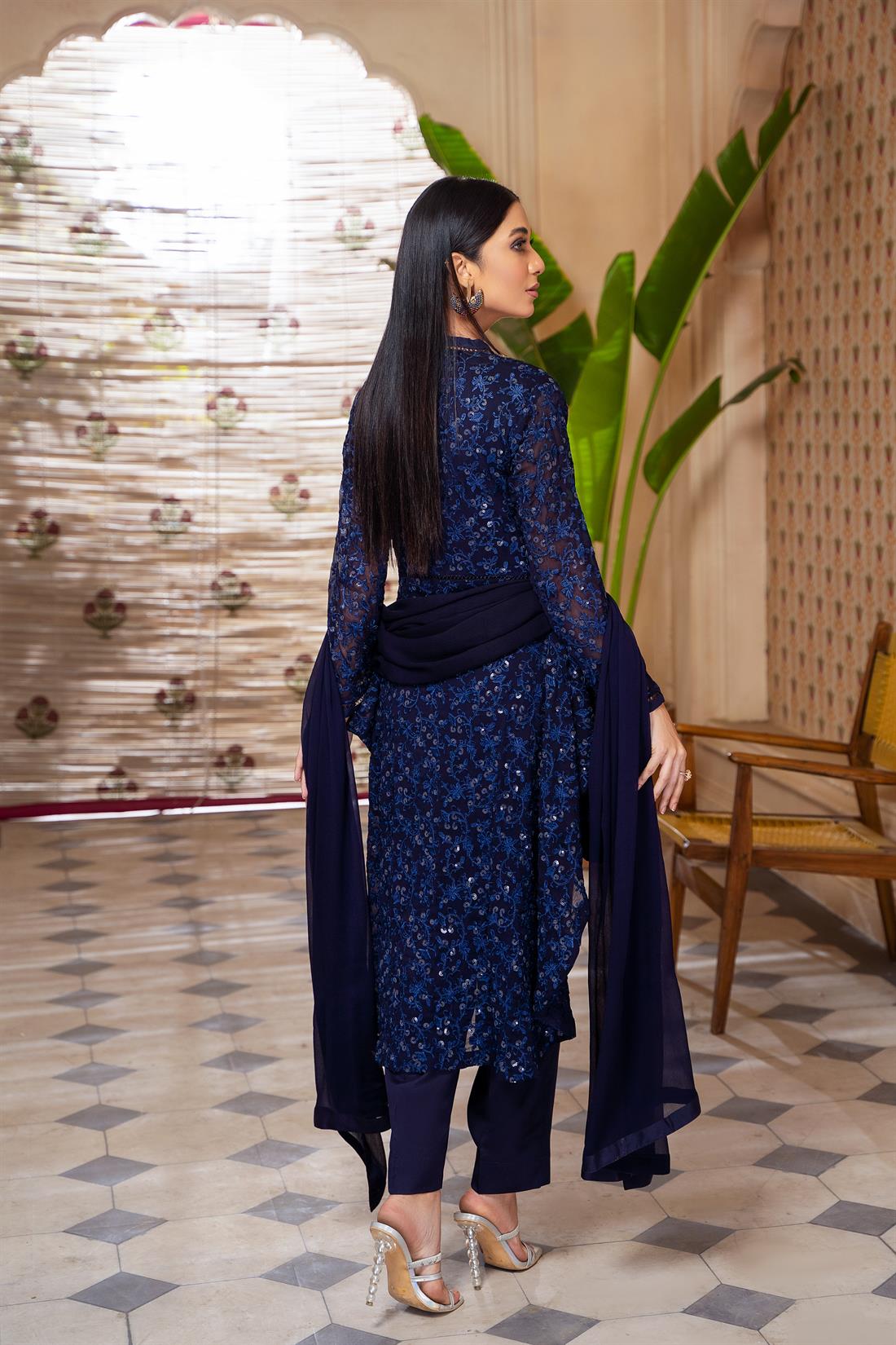 Navy Blue Peplum Mint Chiffon Zari Embroidery Stitched Suit