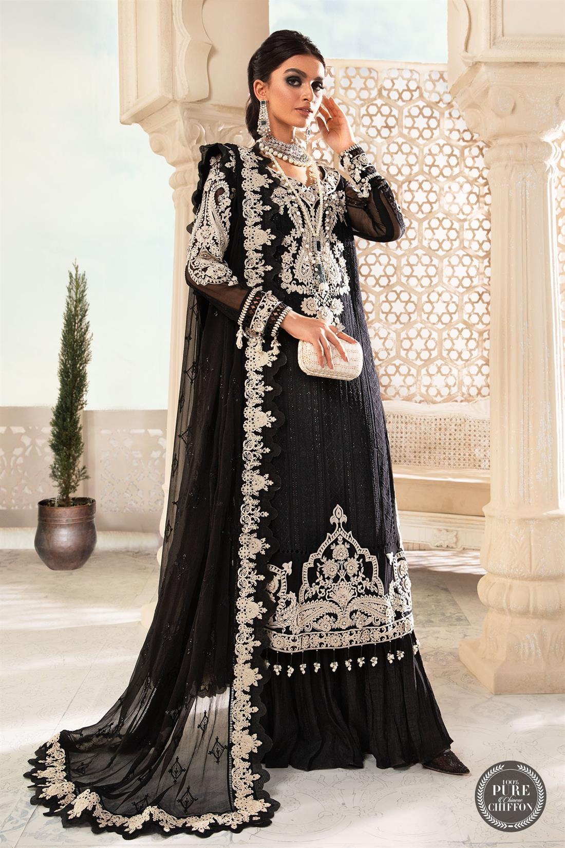Black Embroidered Raw Silk Maria. B Chiffon Readymade 3 Piece Stitched Suit
