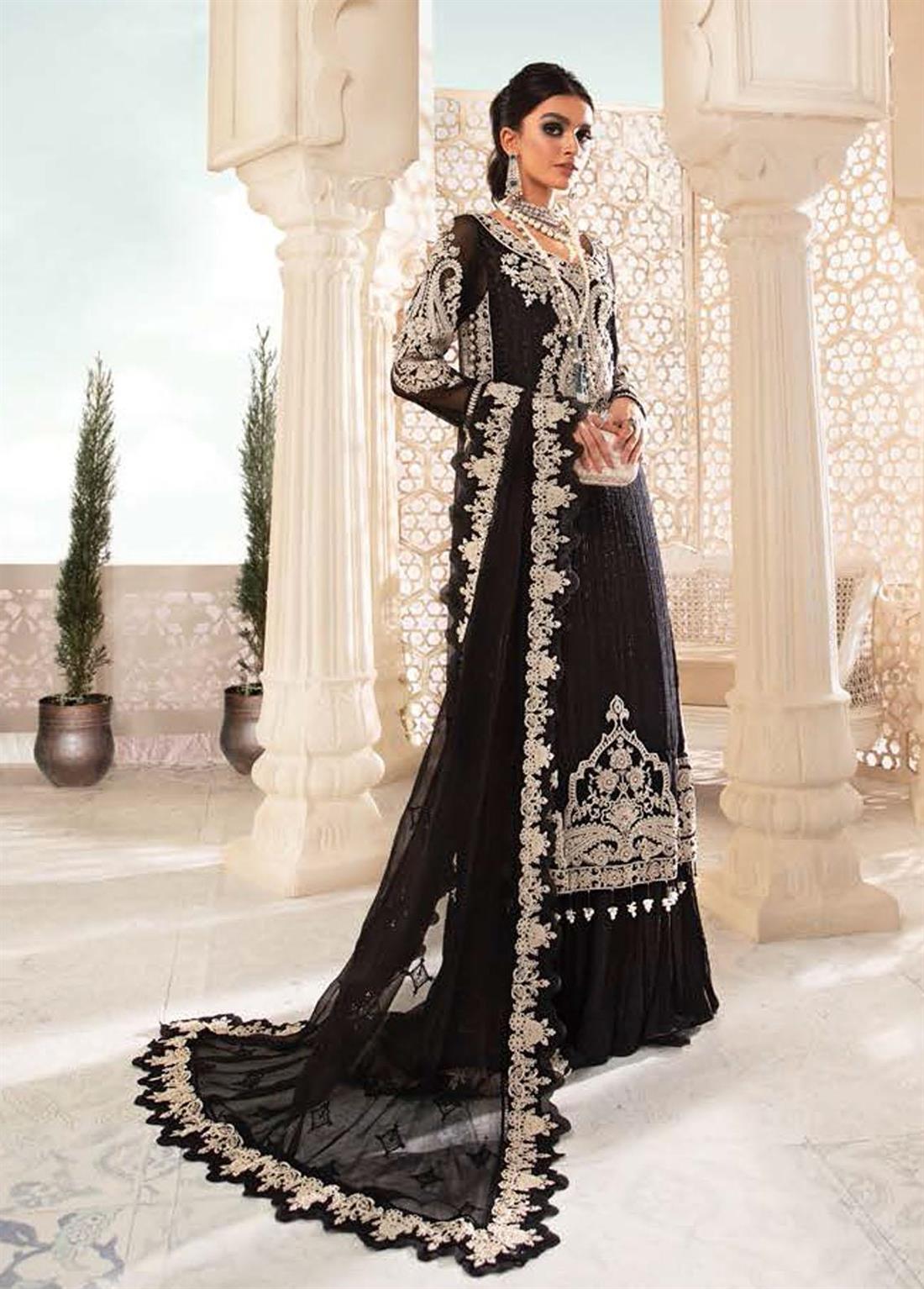 Black Embroidered Raw Silk Maria. B Chiffon Readymade 3 Piece Stitched Suit