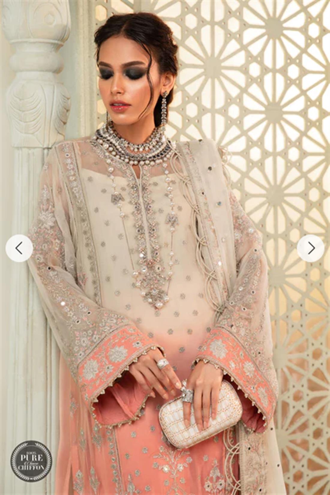 Cream & Coral Pink Embroidered Raw Silk Ladies Readymade