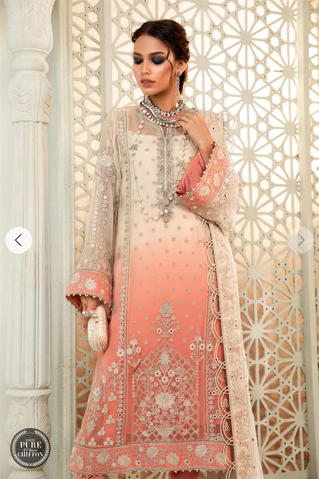 Cream & Coral Pink Embroidered Raw Silk Ladies Readymade