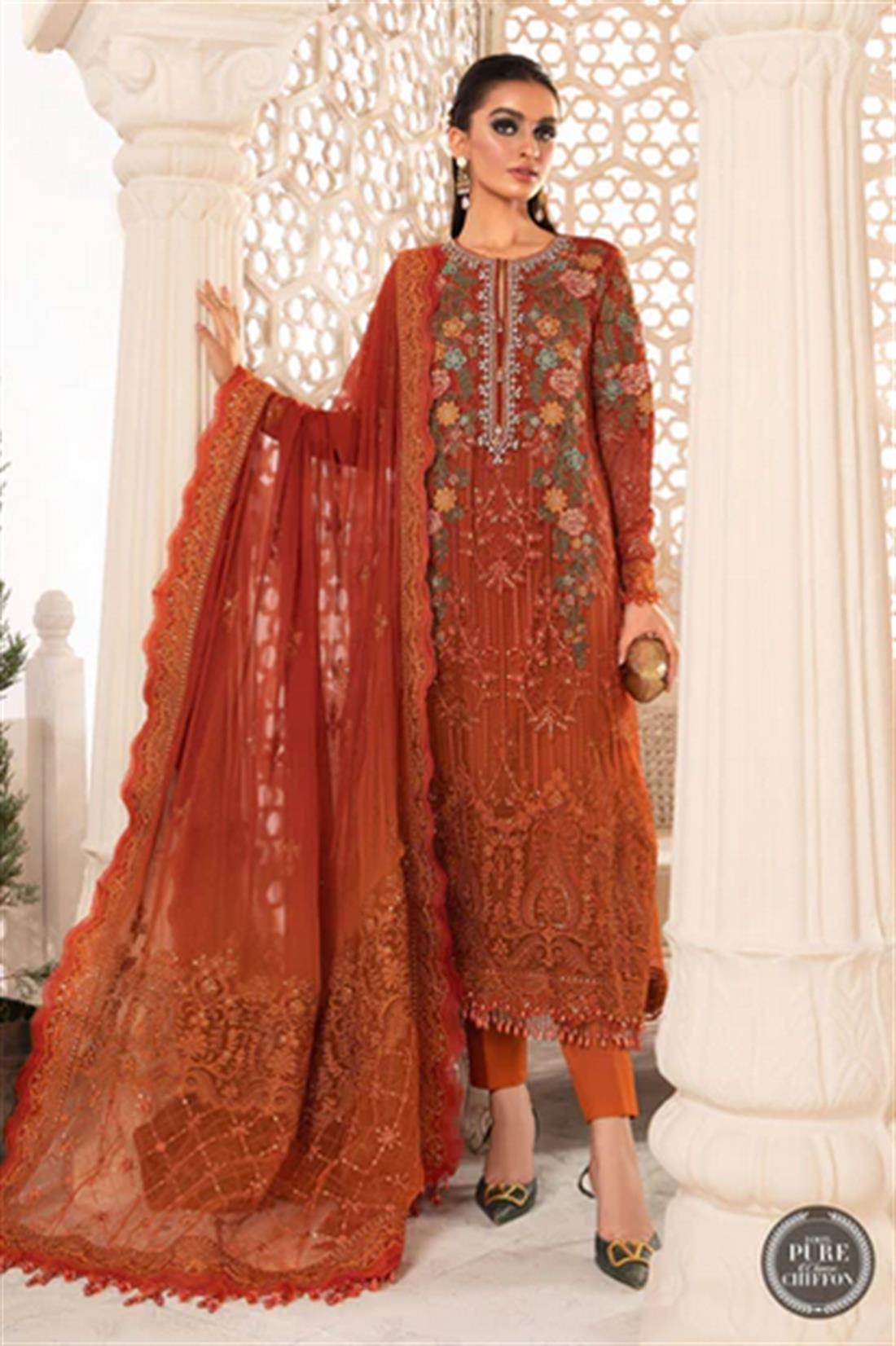 Burnt Ornage & Rust Embroidered Maria. B Orange/rust Chiffon Readymade 3 Piece Stitched Suit