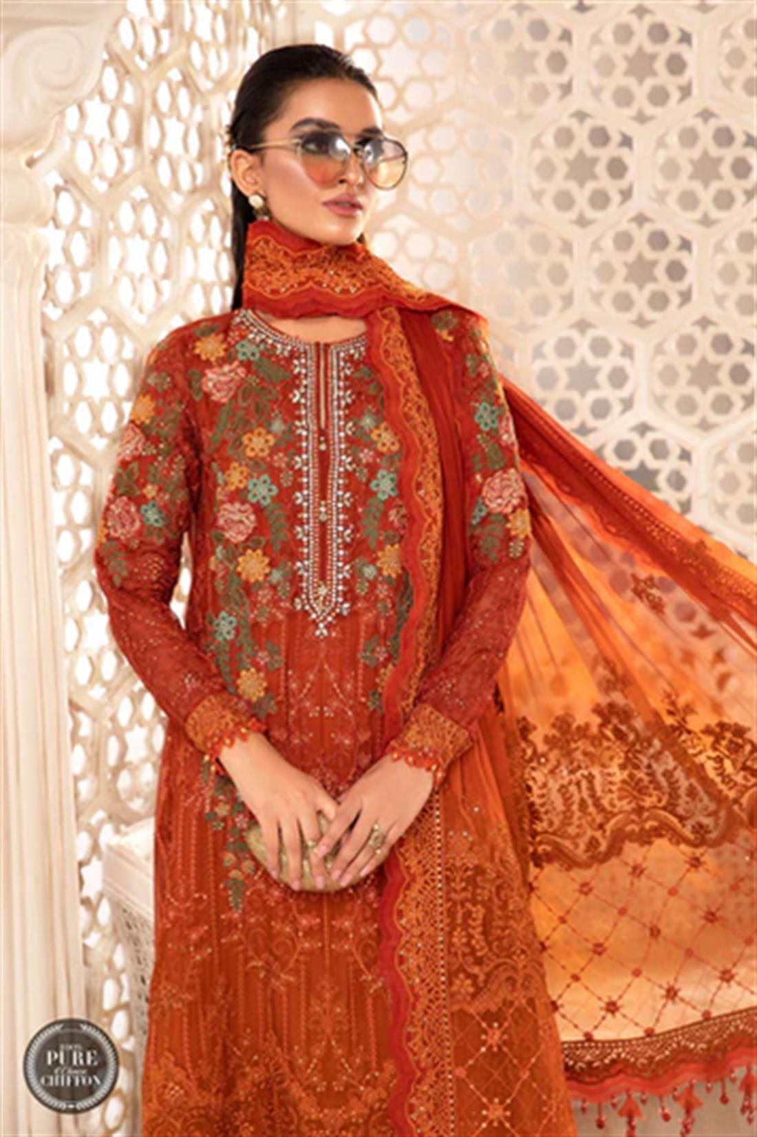 Burnt Ornage & Rust Embroidered Maria. B Orange/rust Chiffon Readymade 3 Piece Stitched Suit