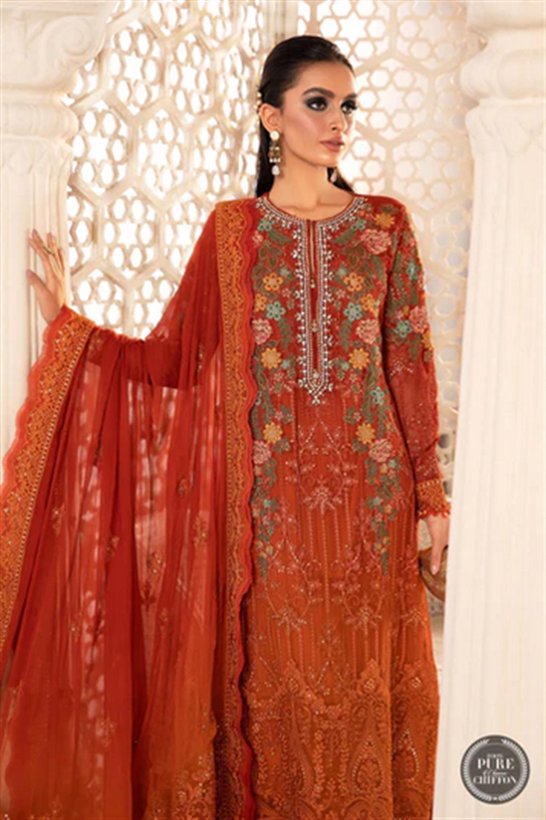 Burnt Ornage & Rust Embroidered Maria. B Orange/rust Chiffon Readymade 3 Piece Stitched Suit
